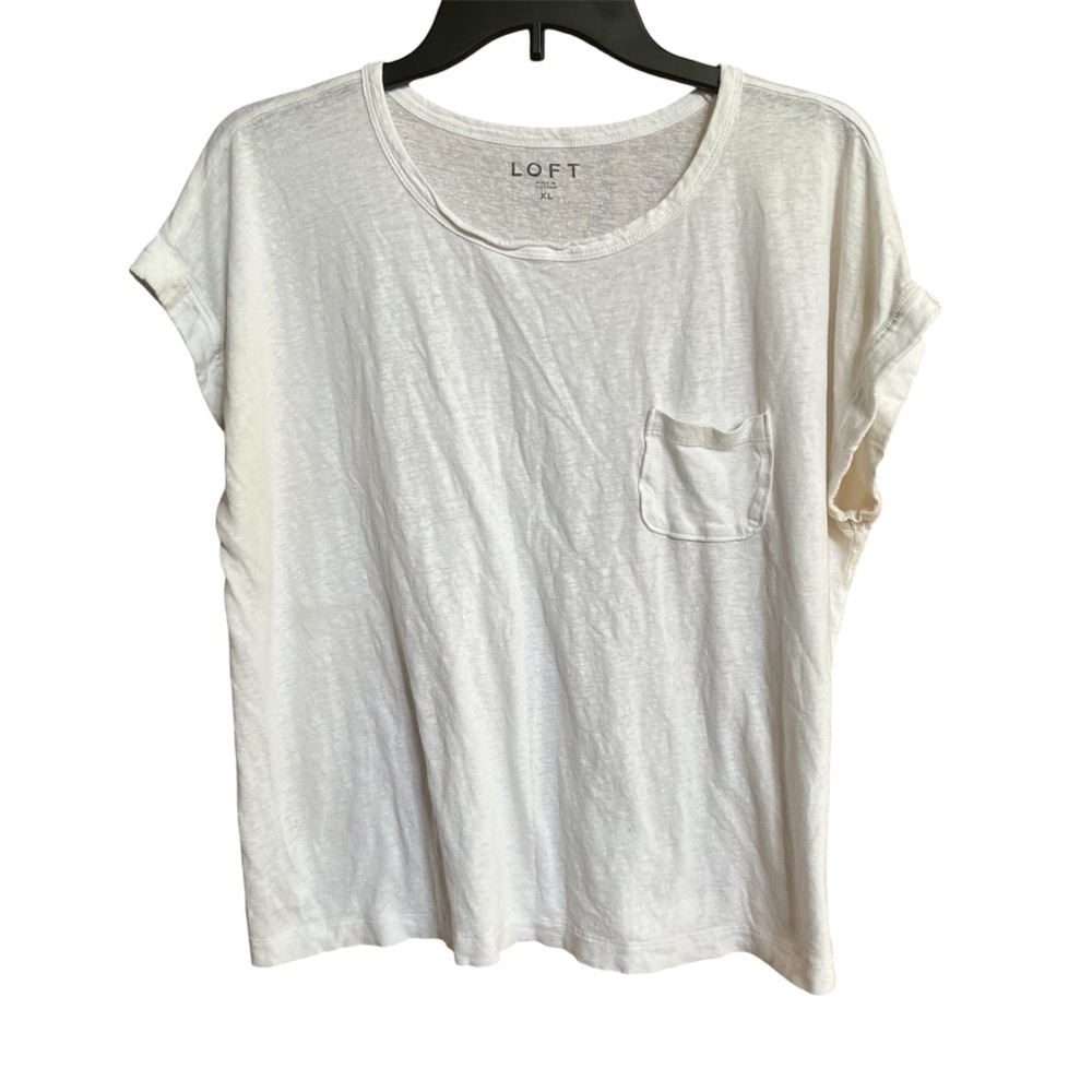 LOFT Linen Modal Blend Women's White Short Sleeve Tee Tshirt Size XL Pocket